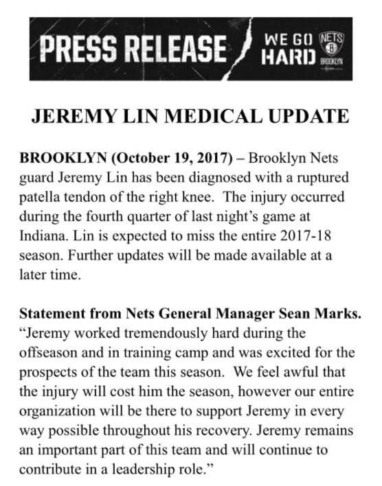 Nets' Jeremy Lin Out For Year With Ruptured Tendon