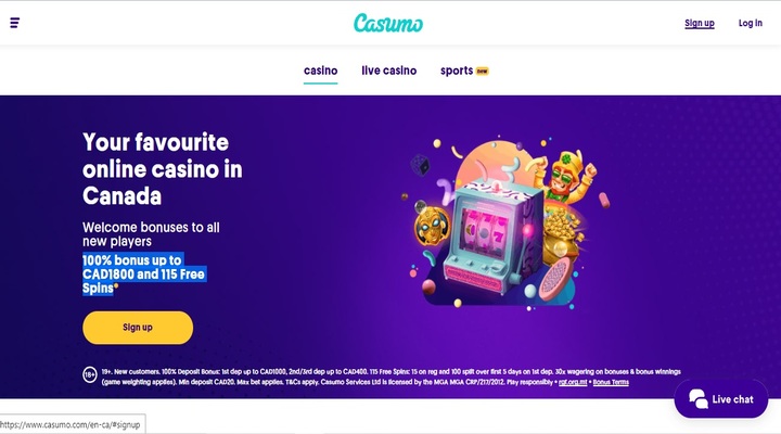 Homepage of online casino