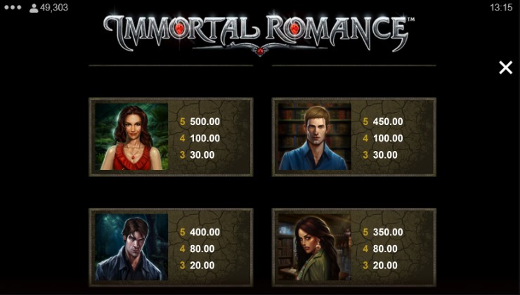 Part of the Immortal Romance Paytable