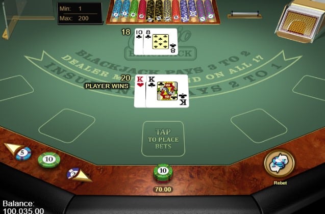 A player hand win after standing with ‘20’ against the dealer’s total of 18 in Blackjack online