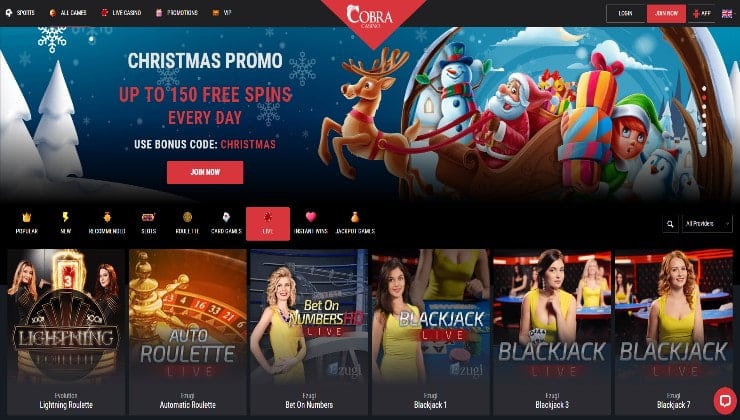 A look at the live casino section of Cobra Casino