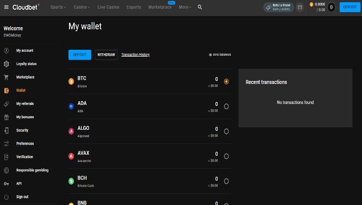 The cryptocurrencies available to deposit with at Cloudbet