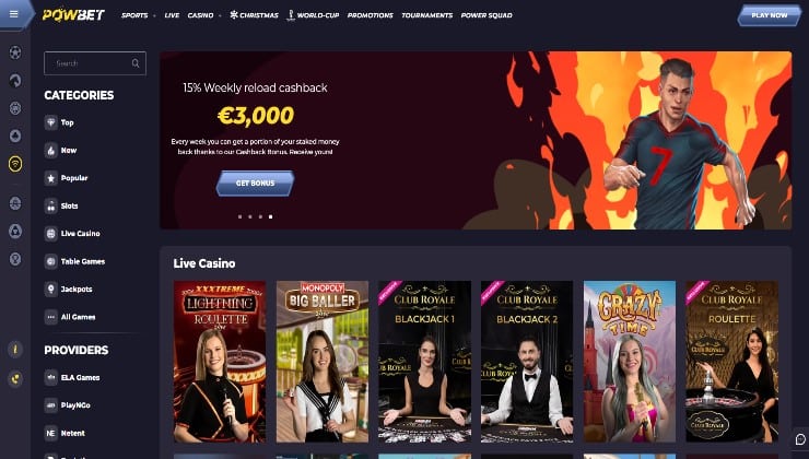 The live casino section at Powbet