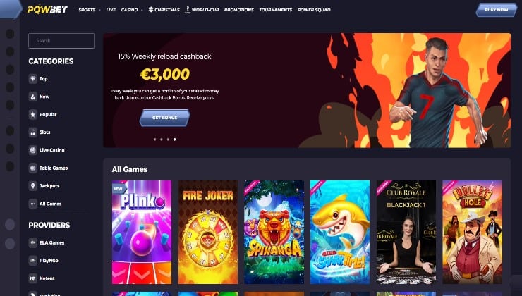 The casino section of the Powbet website