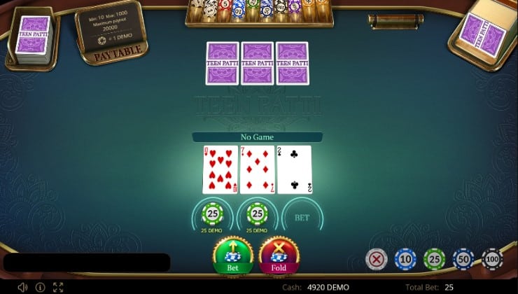 An ante and a blind bet have been placed in teen patti