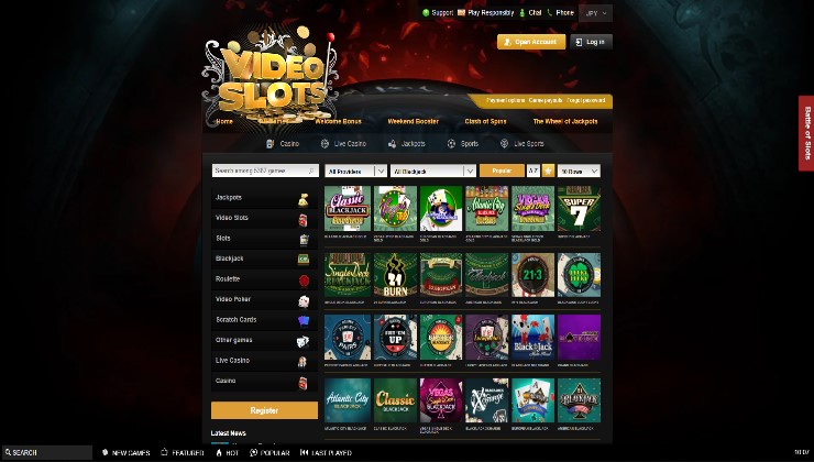 The blackjack selection available at Videoslots Casino