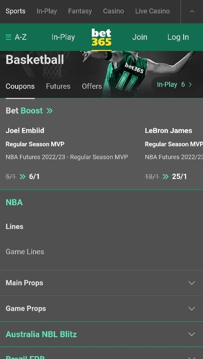 The mobile web-based version of Bet365