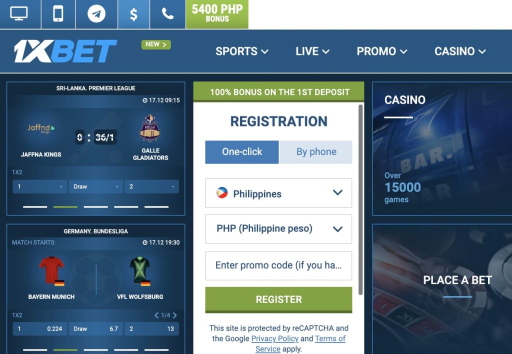 1xBet sports betting site registration page
