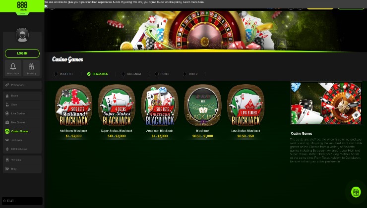 888 Casino and some of the blackjack games available
