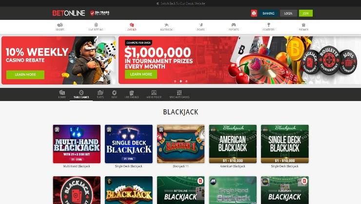 BetOnline platform, featuring various blackjack games.