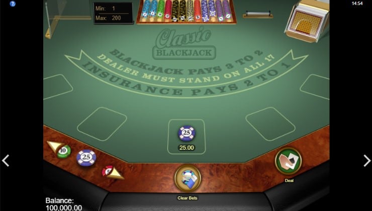 A bet of 25 coins placed in the blackjack game.