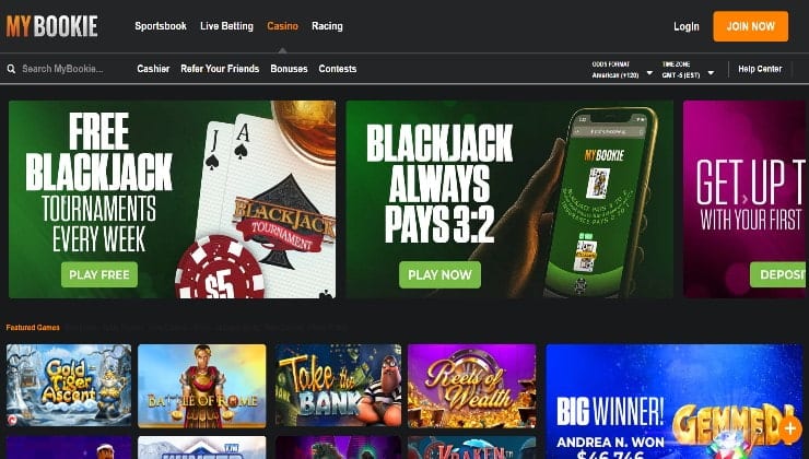 MyBookie online casino, featuring blackjack tournaments.
