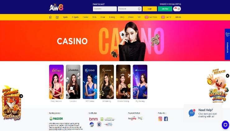The casino landing page of the AW8 online site
