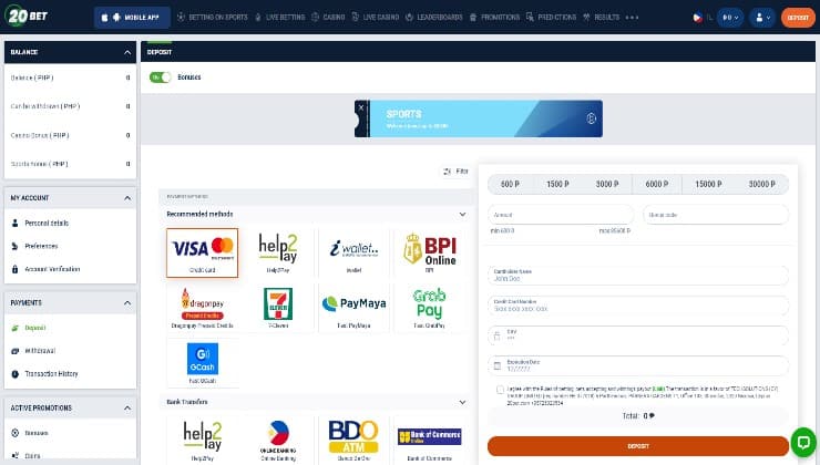 The available payment methods in the Philippines at 20Bet