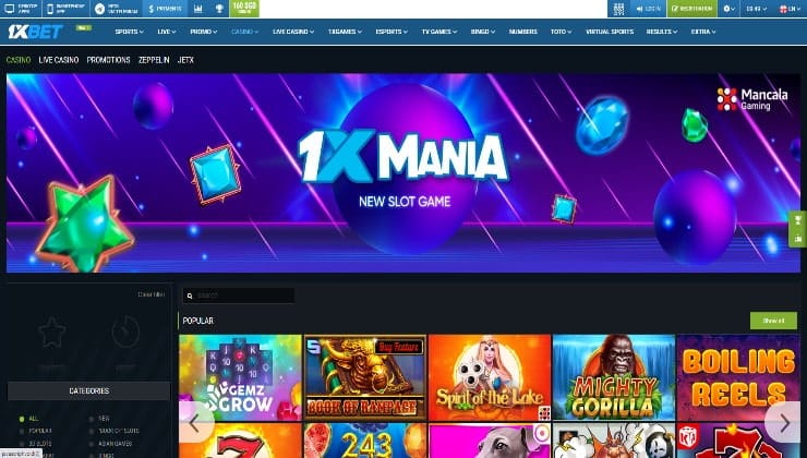 The homepage of 1xBet Casino