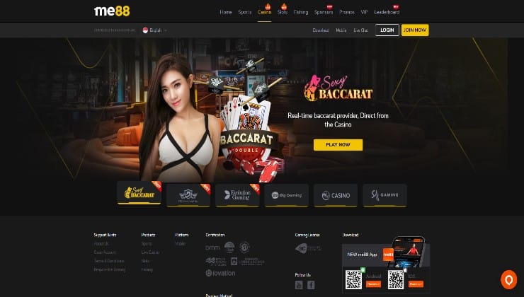 The homepage of the casino at ME88