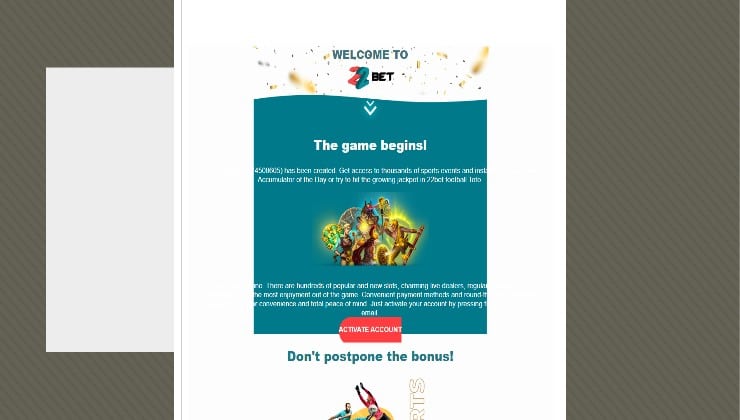 Activation email from 22Bet Casino