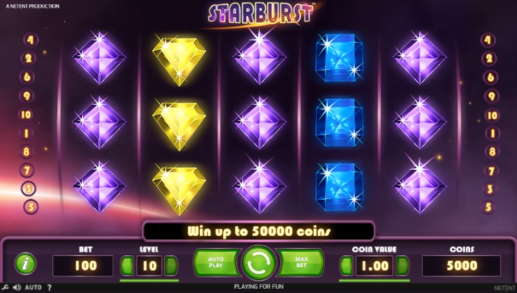 The “Starburst” slot with maximum bet selected.