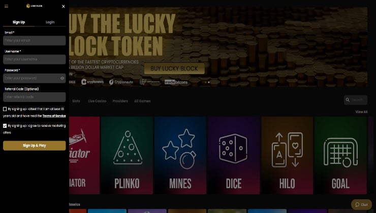 Signing up for an account at the Lucky Block casino