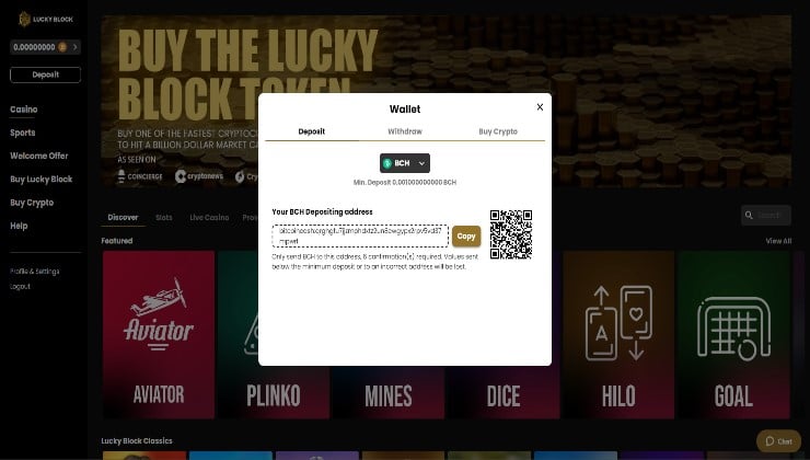 Depositing via Bitcoin Cash at Lucky Block