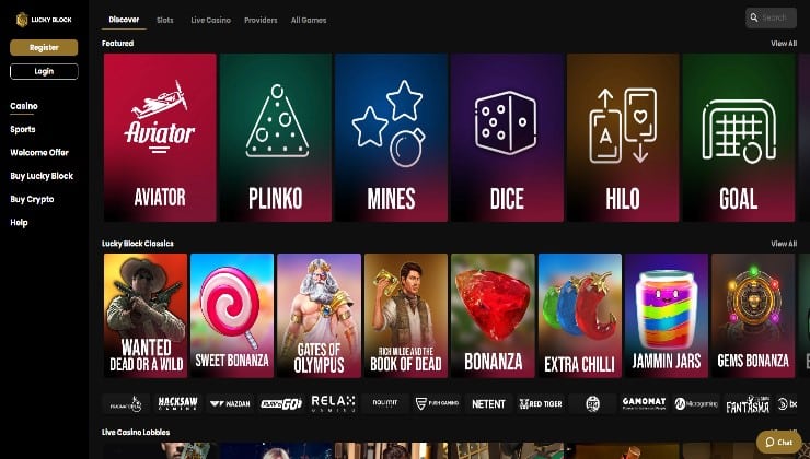 The homepage of the Lucky Block online casino site