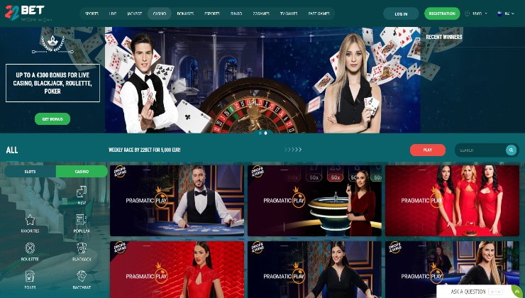 22Bet online casino live dealer games