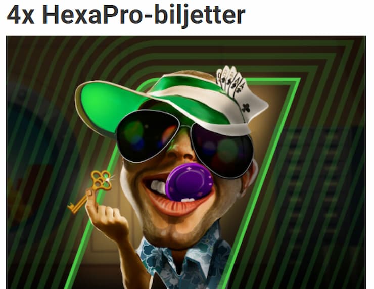 bild på en cigarrökande man med solglasögon och texten "4x hexapro-biljetter"