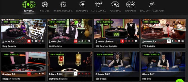 bild föreställande del av live casino utbudet hos 888casino