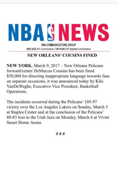 NBA Fines DeMarcus Cousins for Fan Incidents