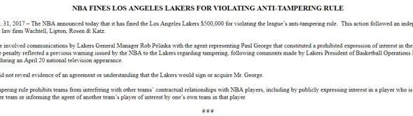 NBA: Lakers Fined $500,000 for Tampering With Paul George