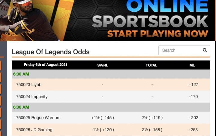 Betnow will clearly display odds for League of Legends matches
