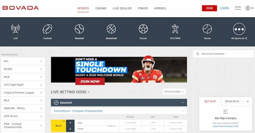 Bovada online sportsbook live betting section