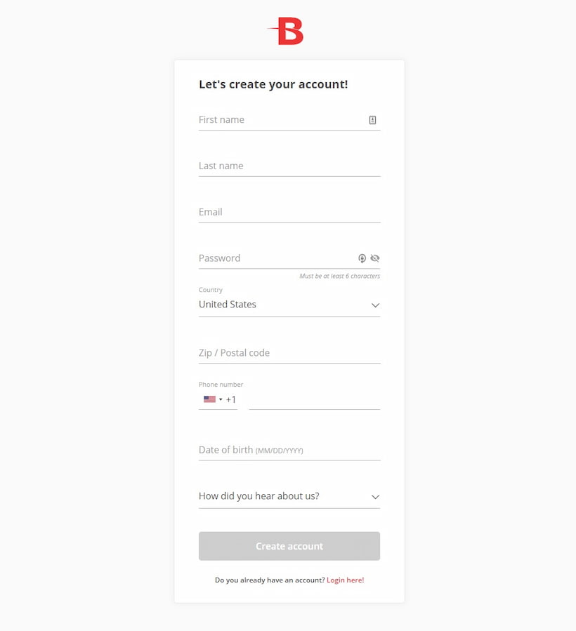 BetOnline registration form