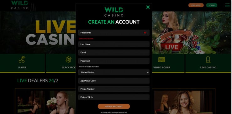 Wild Casino registration form - New Hampshire Online Casinos