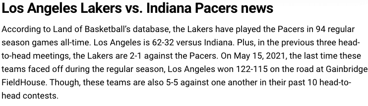 Lakers vs Pacers news