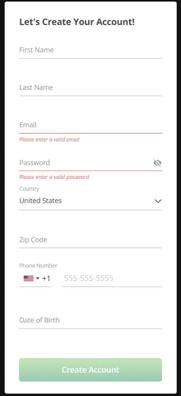 Wild Casino Mobile Sign Up Form