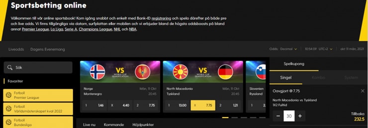 En skärmdump av Bethards oddsutbud: Sveriges bästa spelbolag för oddsutbud.