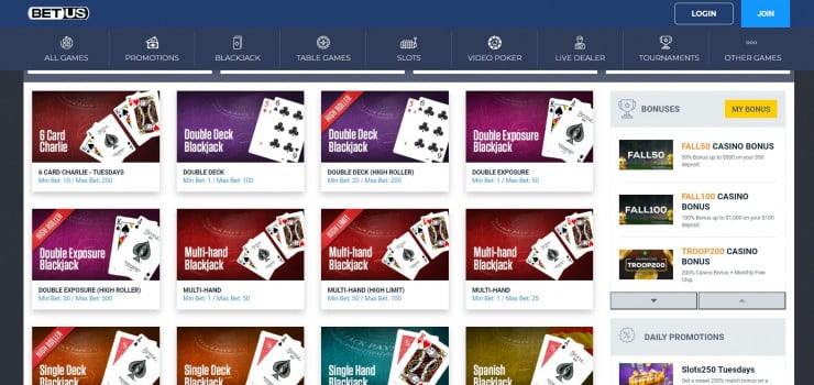 The wide range of blackjack games on BetUS