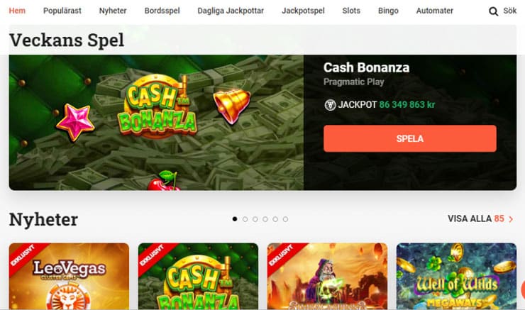 En skärmdump av LeoVegas casinospelsutbud: Sveriges bästa spelbolag för casinospel.