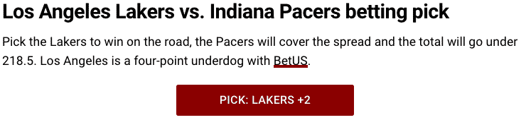 Lakers vs Pacers betting pick