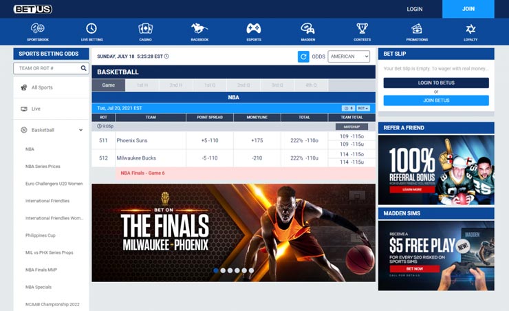 The offshore sportsbook BetUS' landing page