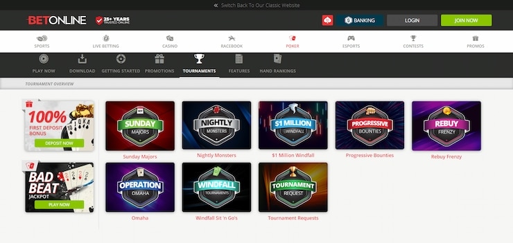 The selection of tournaments on BetOnline