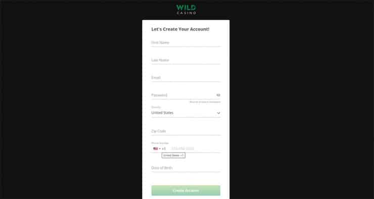 Wild casino - create your account