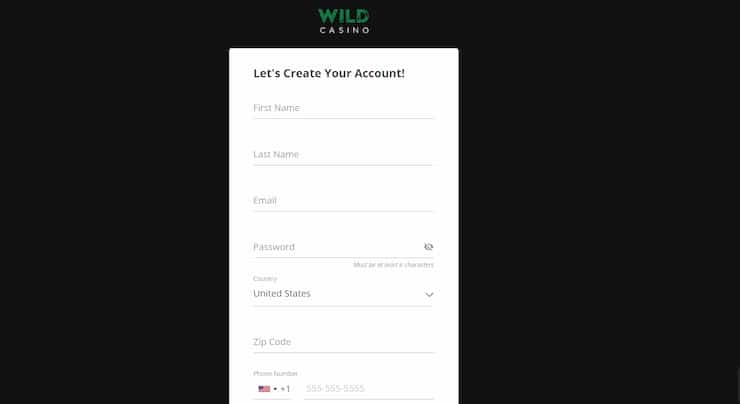 Wild Casino Registration Form