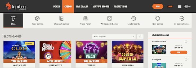 Ignition Casino homepage - Best new slots for March 2022