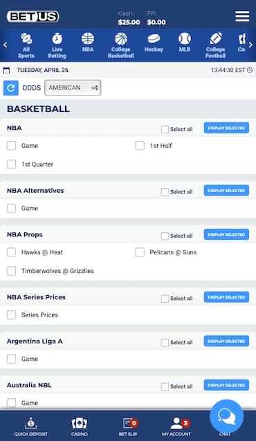 BetUS New Mexico Mobile Basketball Betting Markets