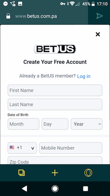 BetUS sign-up screen in Maryland