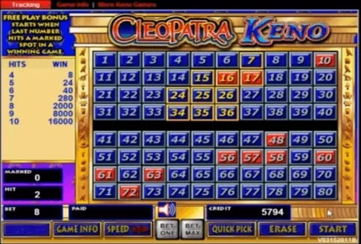 Cleopatra Keno gameplay