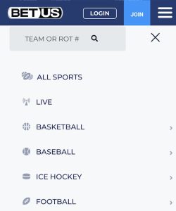 BetUS sports categories - Best OR sports betting apps