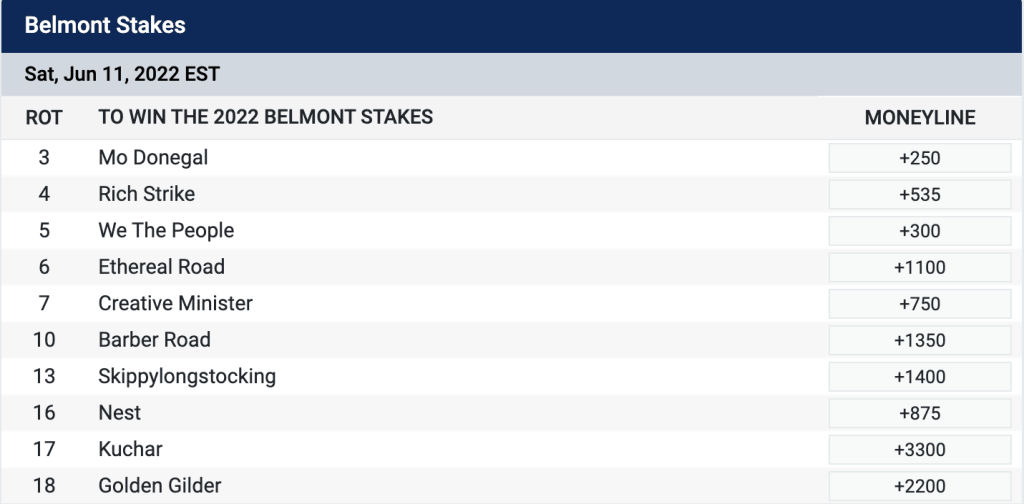 belmont stakes odds table at BetUS